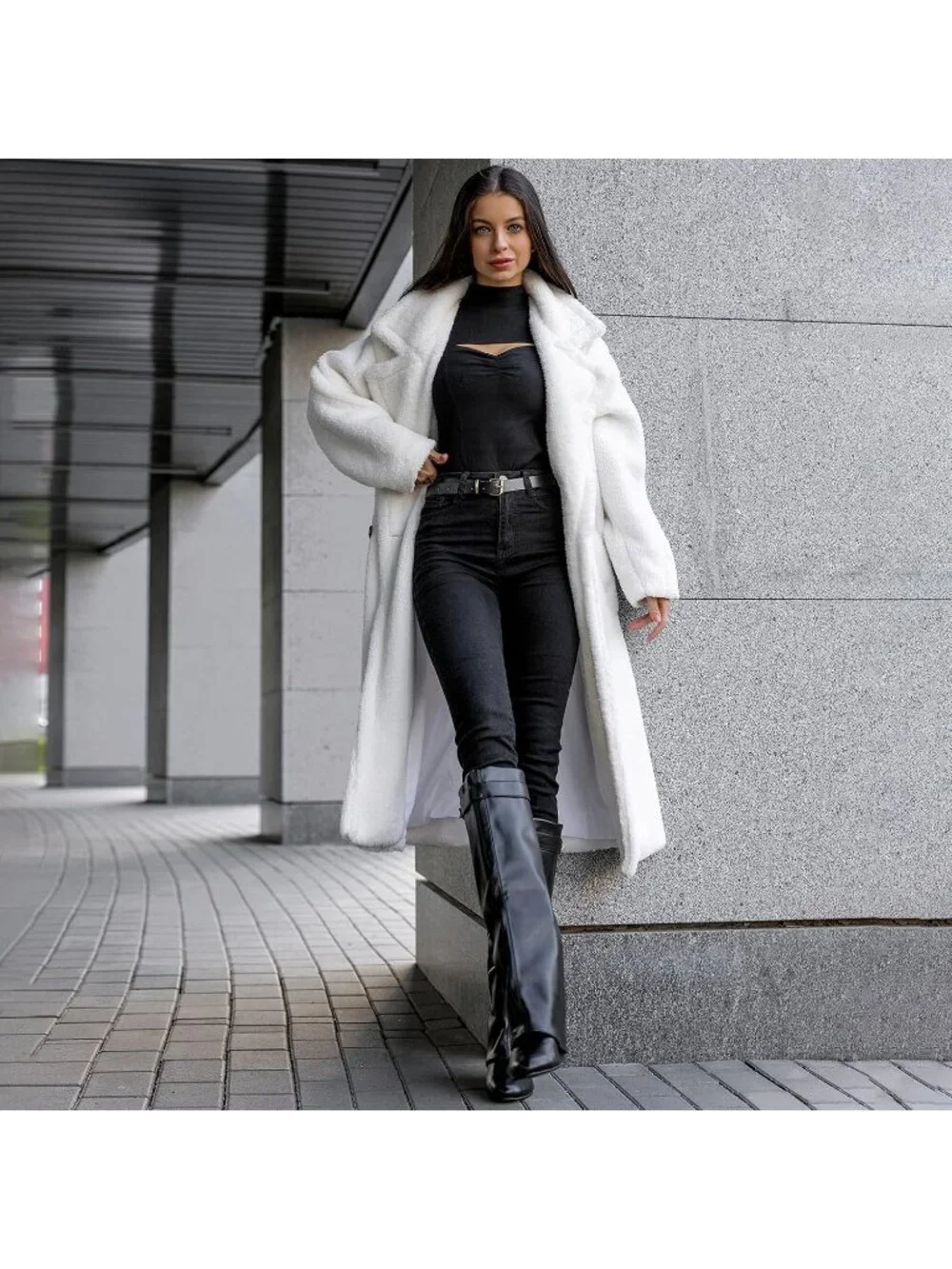 Women's Black Pointed Toe Wedge Heel Comfortable Fold Over Knee High Shark Boot